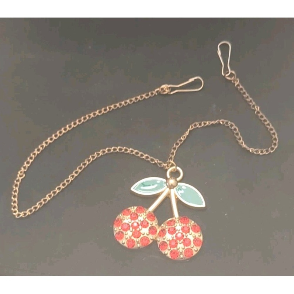 Pre-owned RED CHERRY JEWELED Blouse Chain, Gold‎ Tone, Chain Has Hooks To Blouse